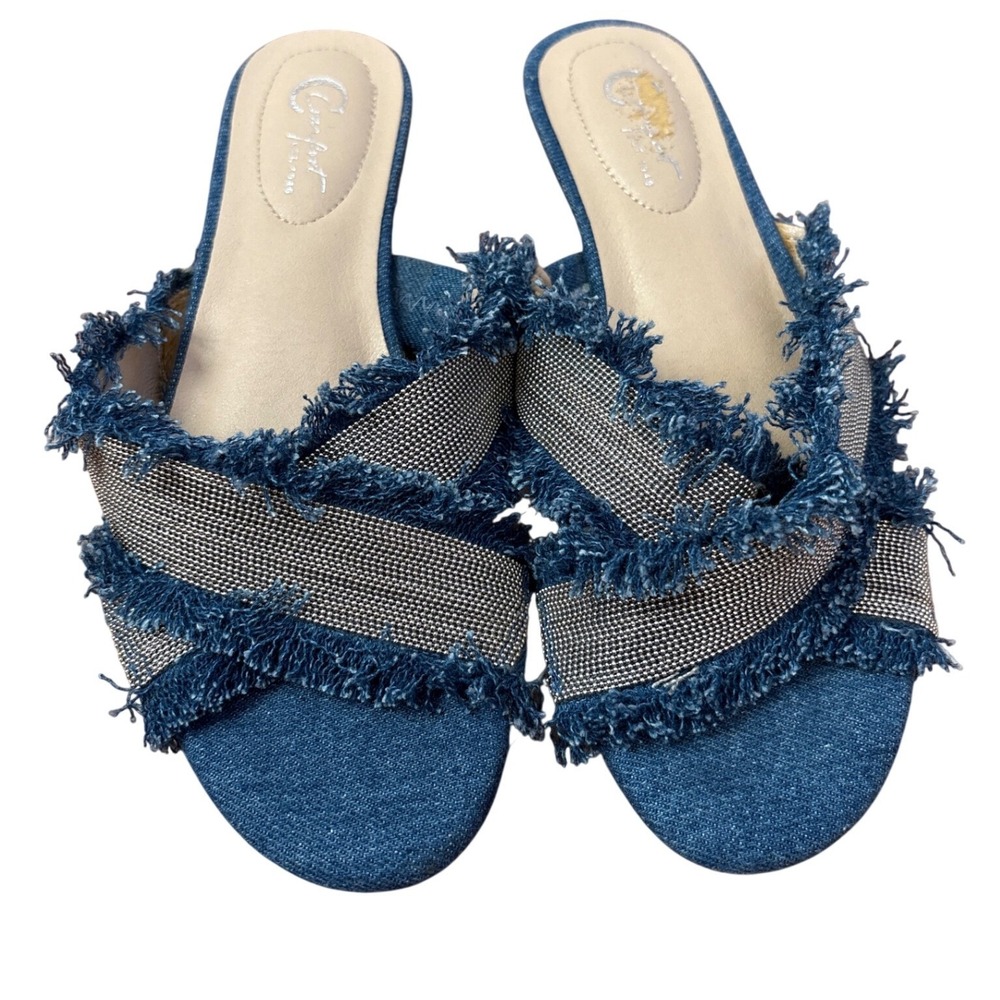 Comfort Est 1946 Slide Sandals Womens Blue Good‎ Frayed Denim Metallic SIZE 6